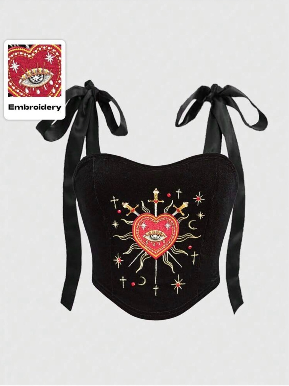 Black Embroidered Heart Corset Top with Tie Straps goth goddess